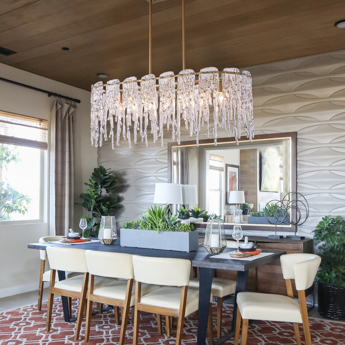 Lustre Rectangulaire Cristal Givré Doré | Nalo
