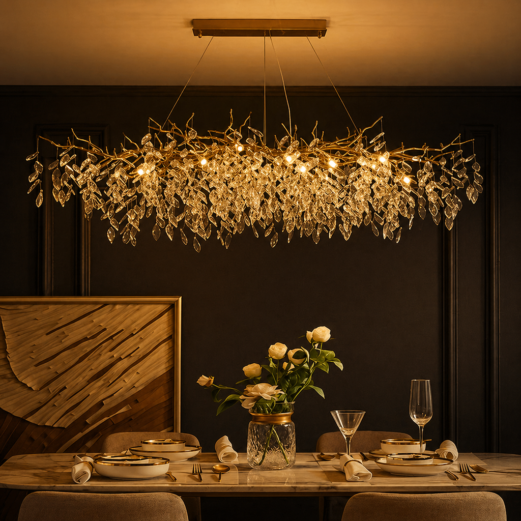 Lustre Cristal Feuillage Doré Luxueux | Fana