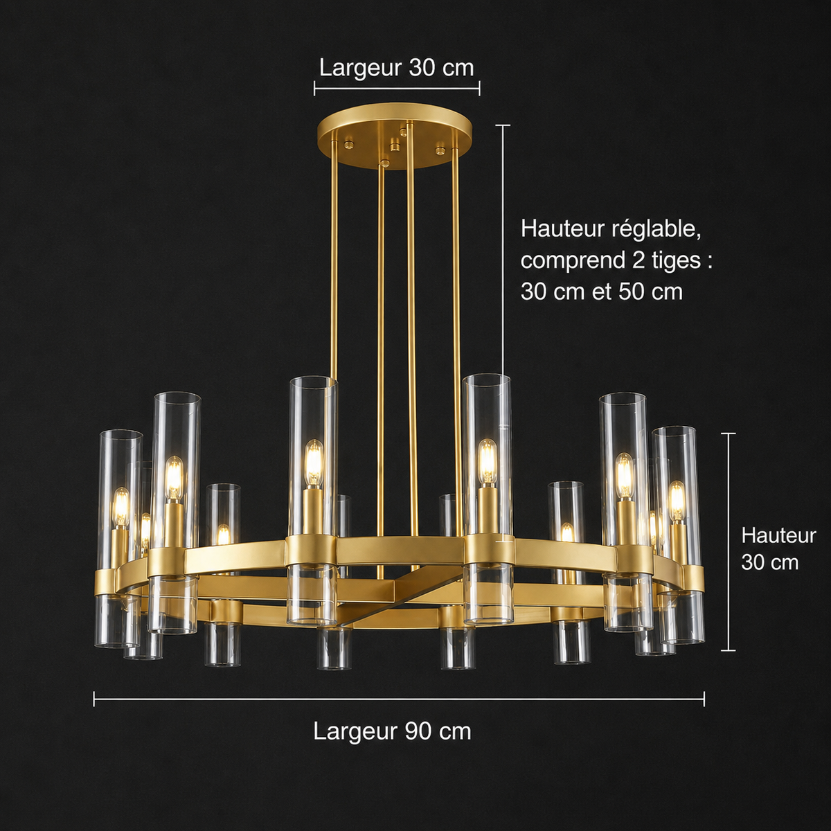 Lustre Tube Verre Transparent Doré | Fasa