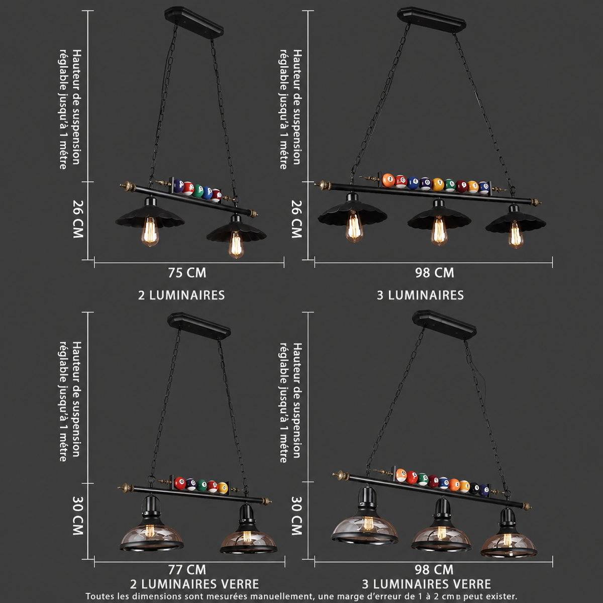 Lustre Billard Rétro 3 Lumières en Métal | Yala