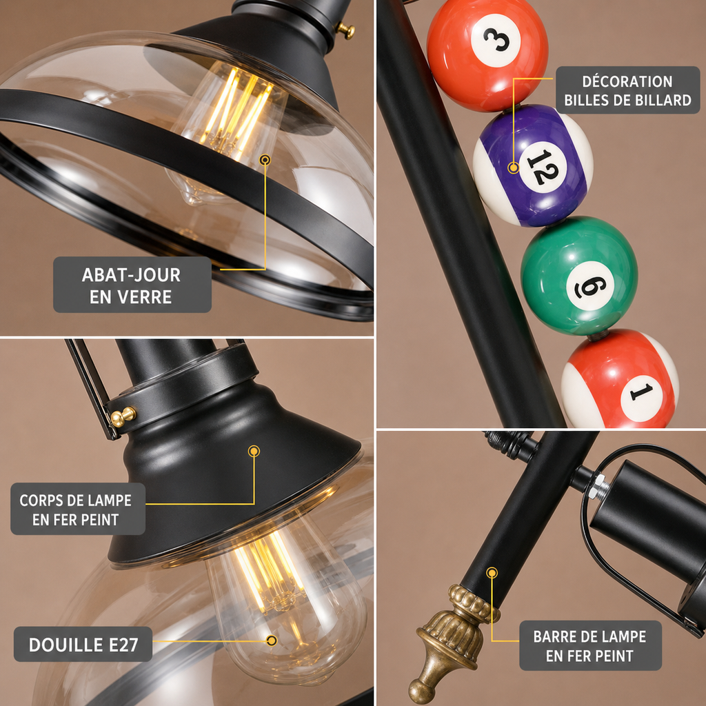 Lustre Billard Rétro 3 Lumières en Métal | Yala