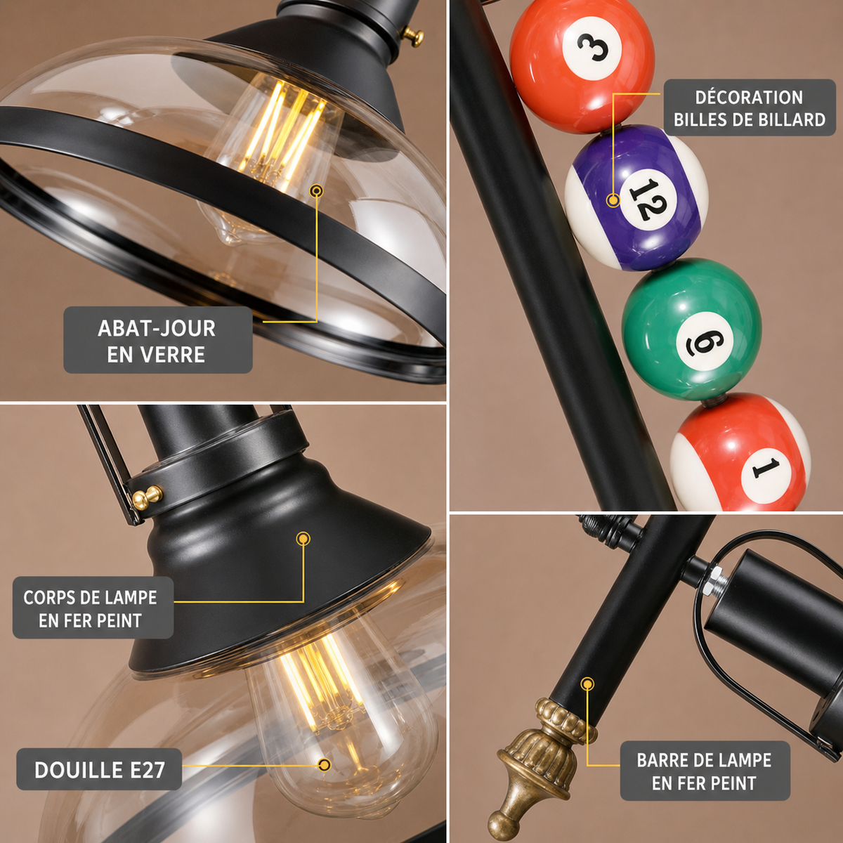 Lustre Billard Rétro 3 Lumières en Métal | Yala