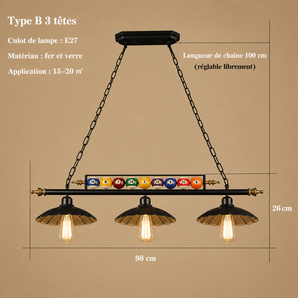Lustre Billard Rétro 3 Lumières en Métal | Yala