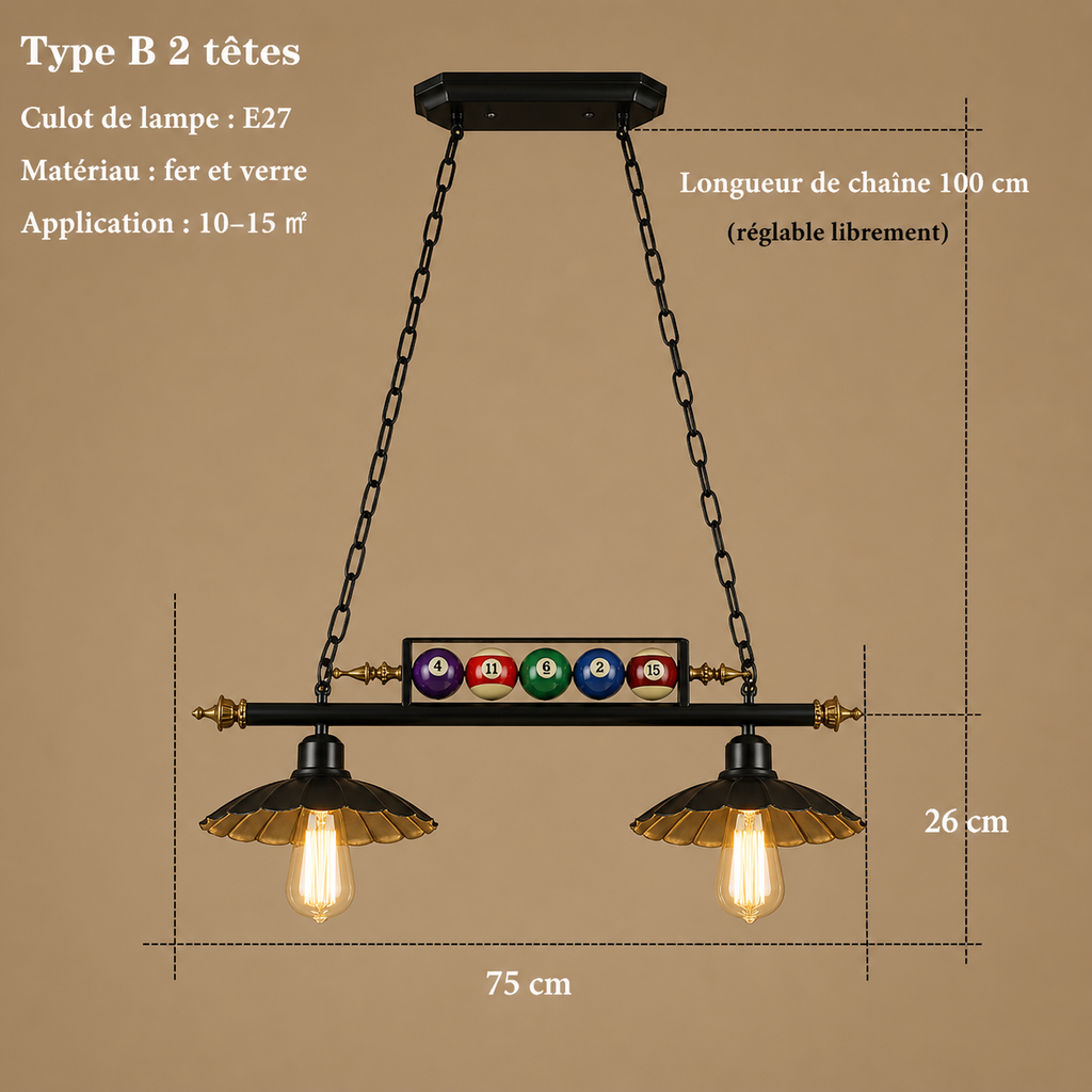 Lustre Billard Rétro 3 Lumières en Métal | Yala
