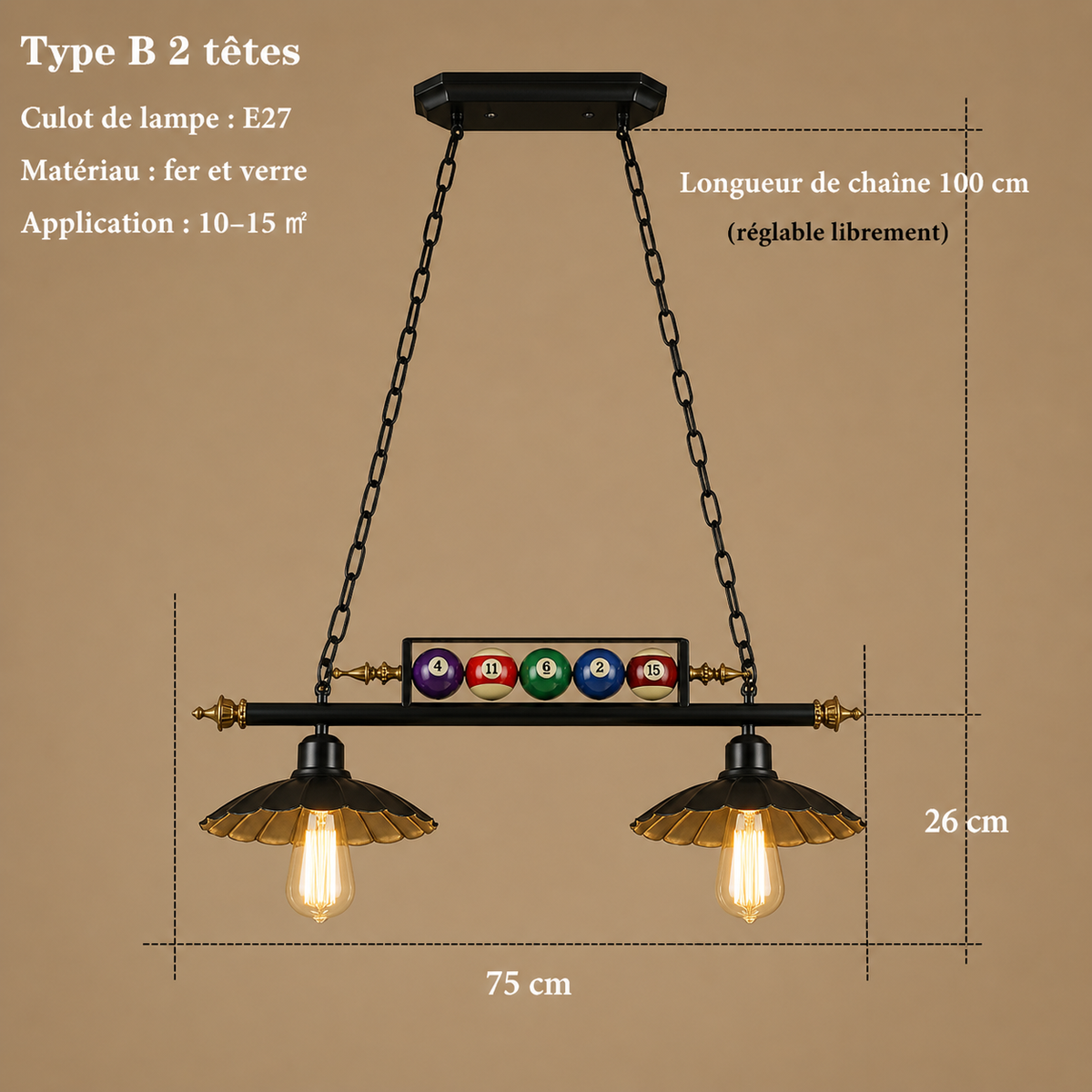 Lustre Billard Rétro 3 Lumières en Métal | Yala