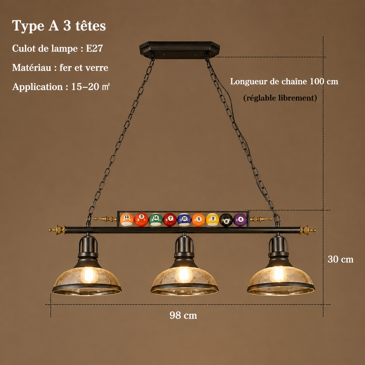 Lustre Billard Rétro 3 Lumières en Métal | Yala