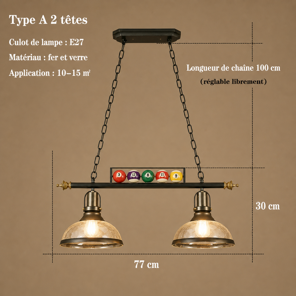 Lustre Billard Rétro 3 Lumières en Métal | Yala