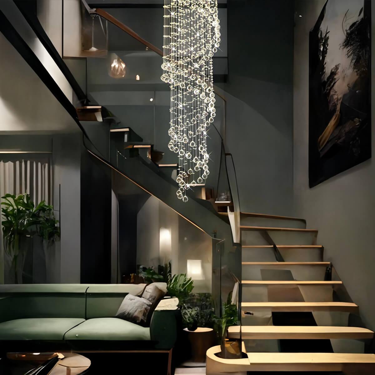 Lustre Spirale Pluie Cristal Chrome | Emo