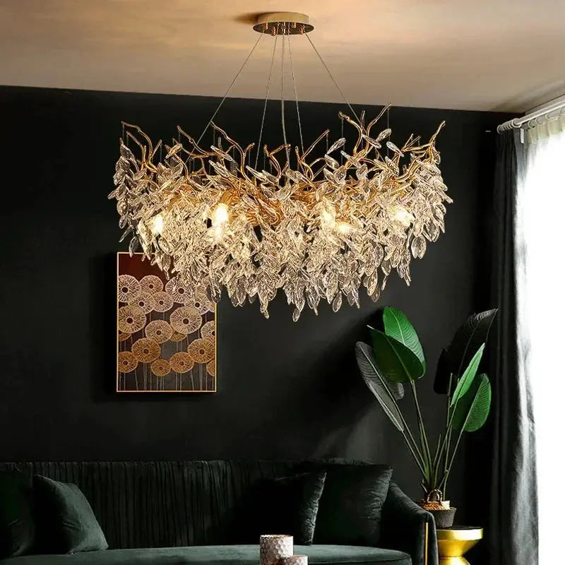Lustre Cristal Feuillage Doré Luxueux | Fana