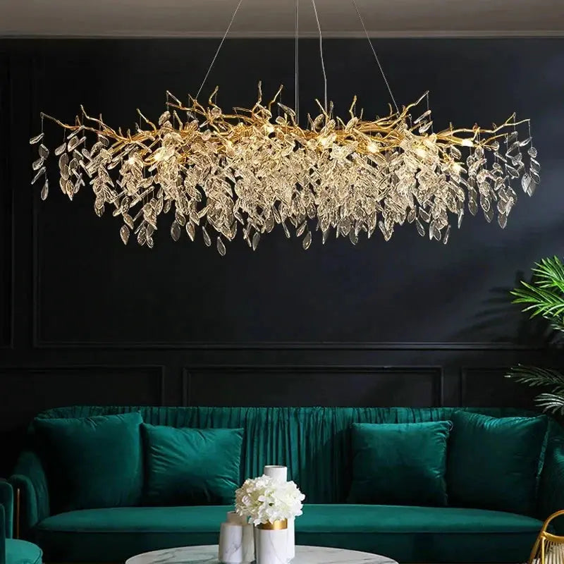 Lustre Cristal Feuillage Doré Luxueux | Fana