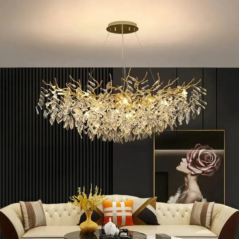 Lustre Cristal Feuillage Doré Luxueux | Fana