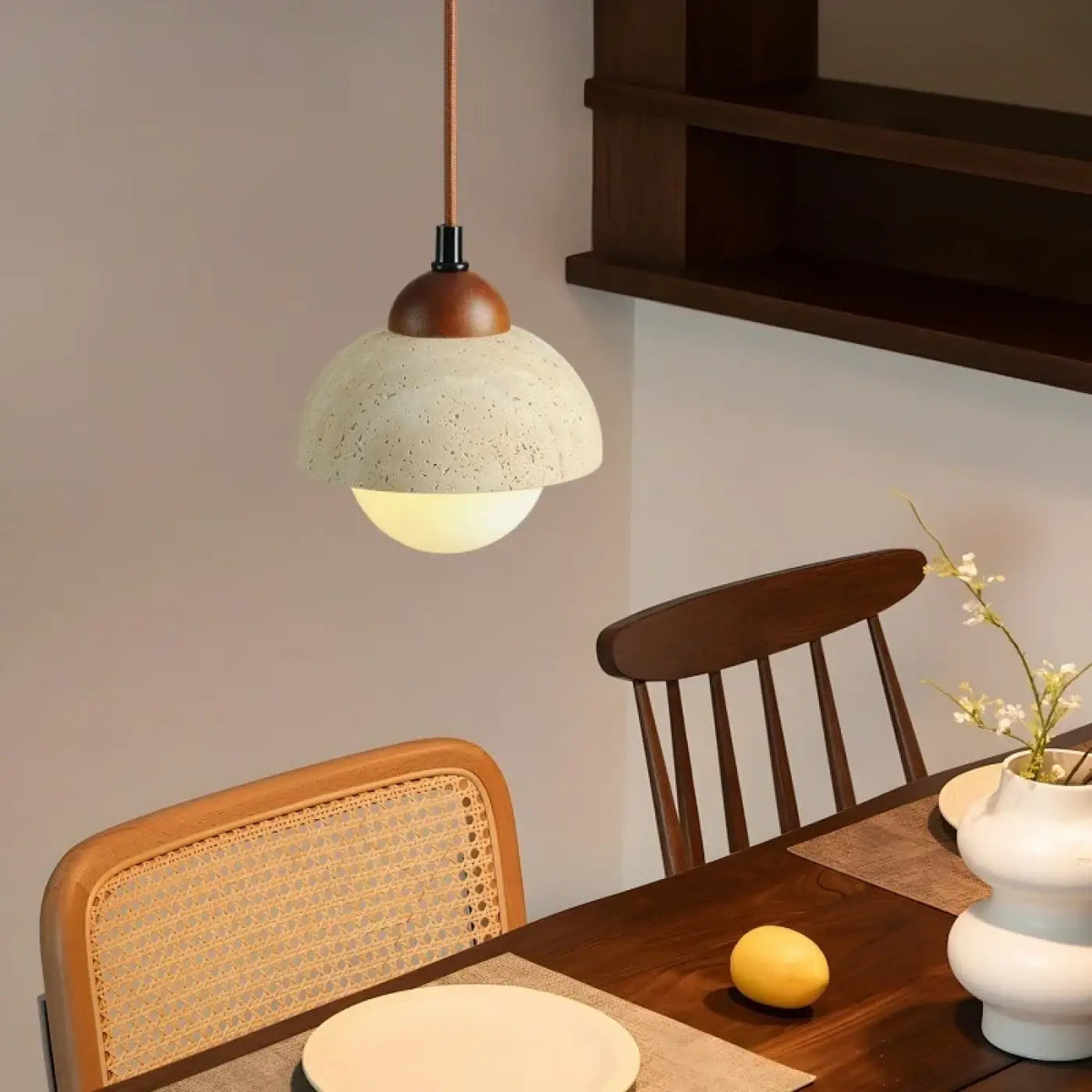 Lampe Suspendue Bois Travertin et Verre | Tota