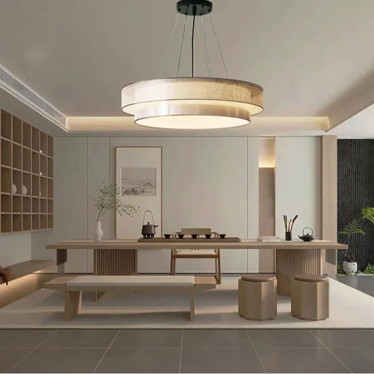 Lampe Suspendue Ronde en Tissu Beige | Rira