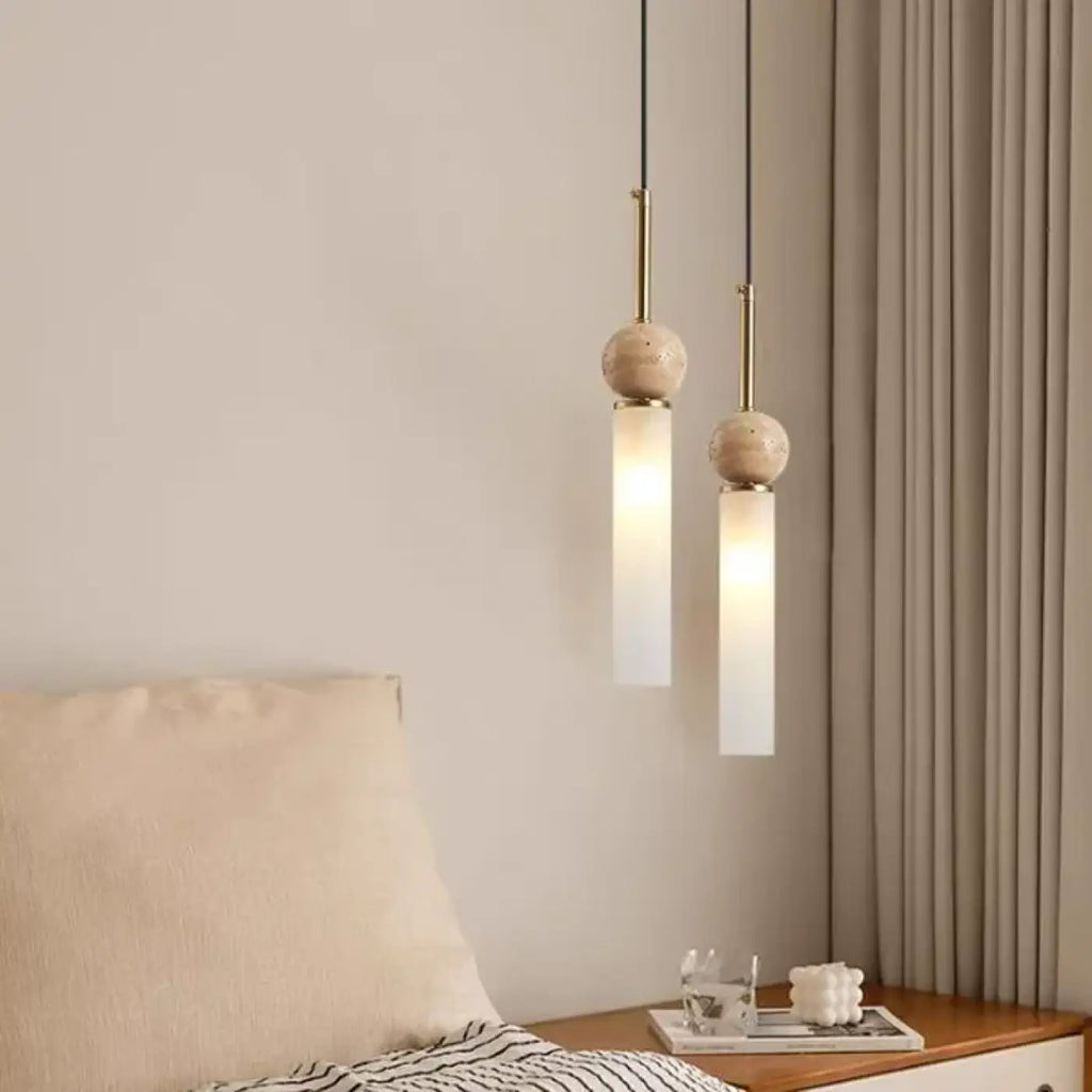 Lampe Suspendue Scandinave Pierre Bois et Verre Opale | Sori