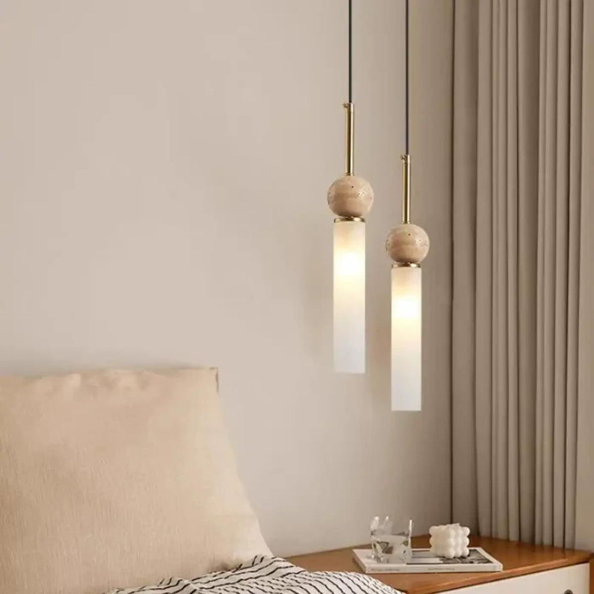 Lampe Suspendue Scandinave Pierre Bois et Verre Opale | Sori