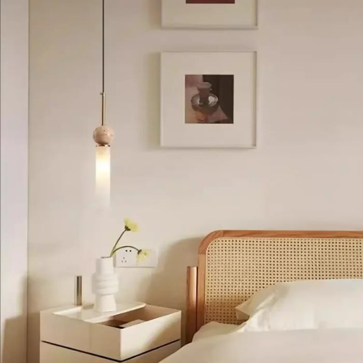 Lampe Suspendue Scandinave Pierre Bois et Verre Opale | Sori